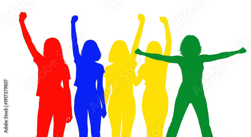 Diverse group of people celebrating with raised arms in colorful silhouettes