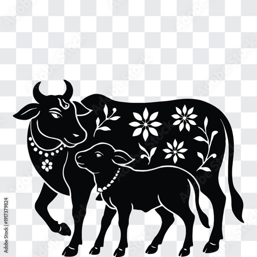 Sacred Cow and Calf Silhouette