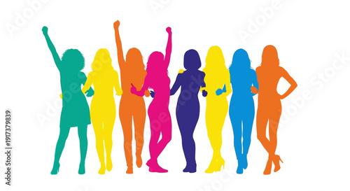 Diverse group of women celebrating together in colorful silhouettes