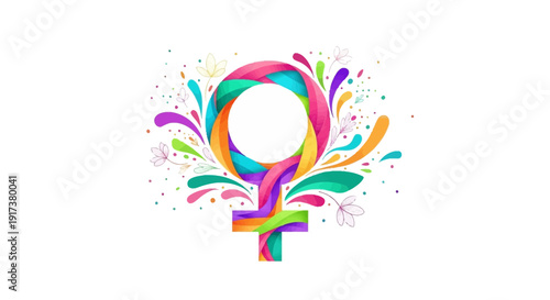 Vibrant female symbol surrounded by colorful flowers and leaves on white