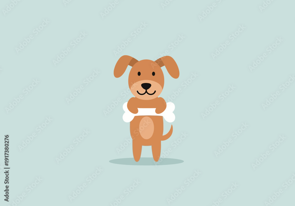 Obraz premium Cartoon brown dog standing holding a white bone against a pale blue background