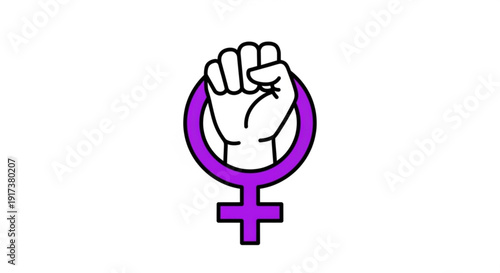 Feminist symbol with raised fist and purple venus sign on white background representing female empowerment and equality