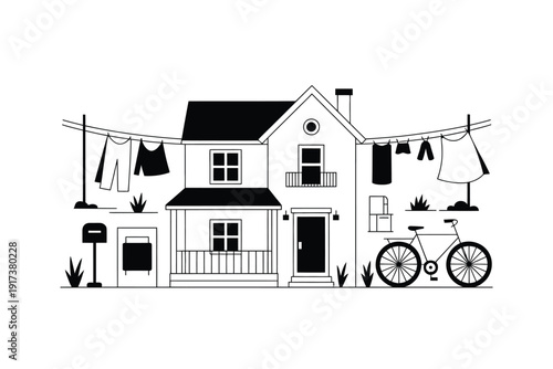 House silhouette illustration with clothesline and bicycle in front yard