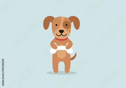 Cartoon brown dog holding a white bone against a light blue background