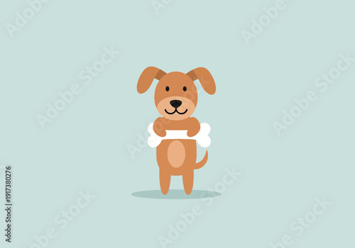 Cartoon brown dog standing holding a white bone against a pale blue background