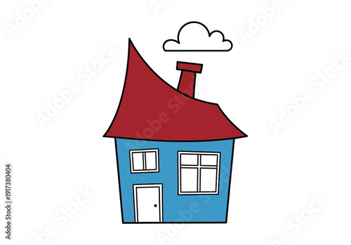 Stylized blue house with a steep red roof a chimney and a small cloud