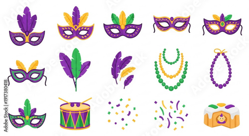 Mardi gras festive icons set including colorful masks beads feathers and confetti on white background for party decoration