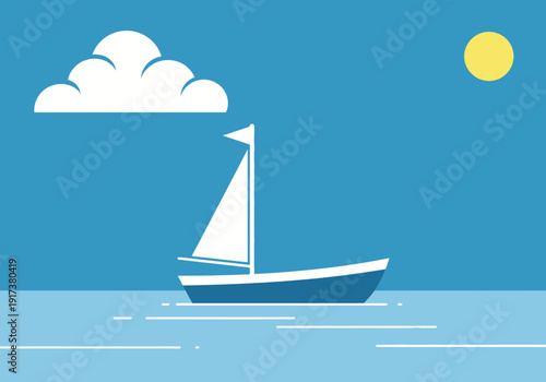 Minimalist sailboat on blue water under a white cloud and yellow sun