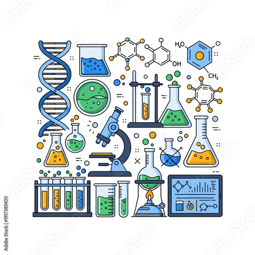 Science Laboratory Equipment and Molecules - DNA, Microscope, Flasks, Test Tubes, Chemistry Formulas