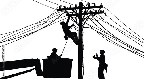 Silhouettes of electricians working on a power pole with a bucket truck Keywords: electrician, power pole, utility worker
