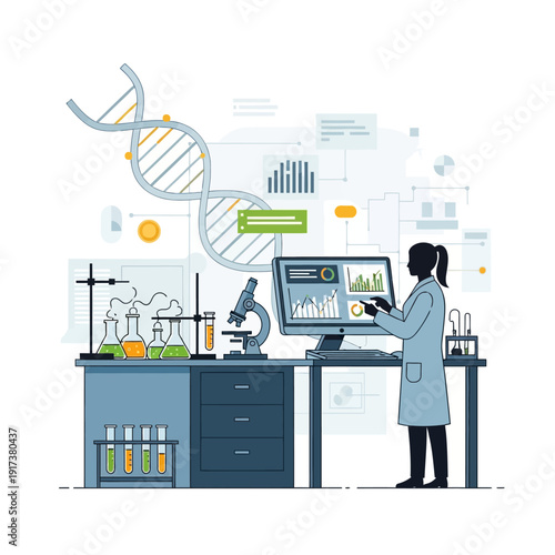 Scientist analyzing DNA data on computer in modern laboratory with microscope and test tubes