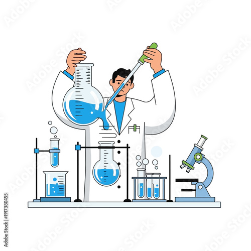 Scientist conducting experiment with liquids in laboratory glassware, microscope nearby
