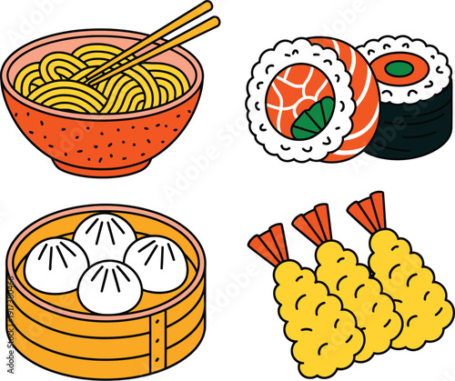 Colorful of Various Asian Dishes Including Noodles Sushi Dumplings and Tempura chopsticks