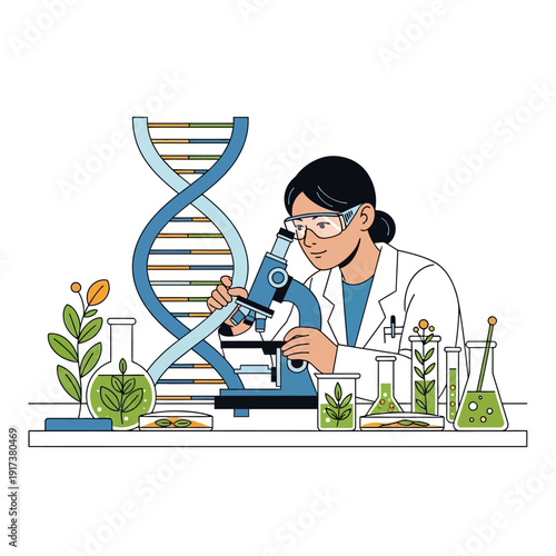 Scientist examines DNA helix and plants under microscope in laboratory, biotechnology research
