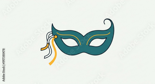 Teal venetian masquerade ball mask with gold and white ribbons on a light green background