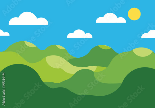 Bright blue sky over layered green rolling hills with white clouds and a yellow sun