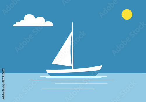 Minimalist illustration of a white sailboat on blue water under a blue sky with a cloud and sun