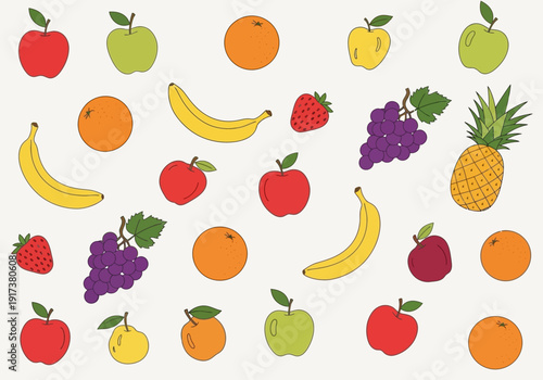 Scattered pattern of colorful handdrawn fruits on a light background