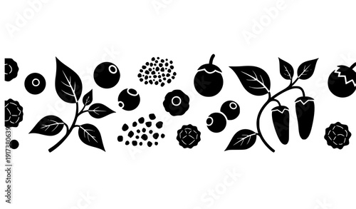 Stylized black pepper vector elements set with whole and crushed spice forms