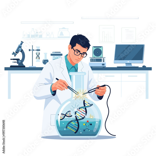 Scientist working with DNA in laboratory, gene editing, biotechnology research