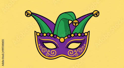 Vibrant purple jester's mask with green hat and gold accents on yellow background for mardi gras or carnival celebrations