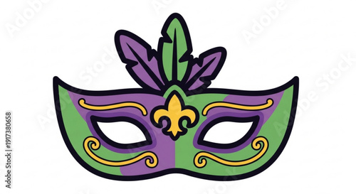Vibrant mardi gras mask with purple green and gold decorations on white background for festive celebrations