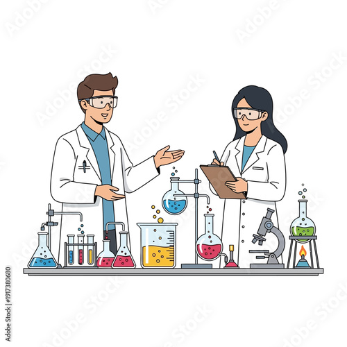 Scientists in lab coats working with beakers and equipment, conducting research
