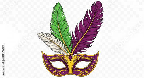 Vibrant carnival mask with colorful feathers mardi gras costume accessory golden and purple design festive decoration