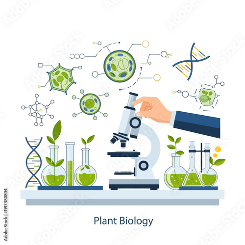 Plant Biology Research: Microscope, DNA, Cells, and Lab Equipment