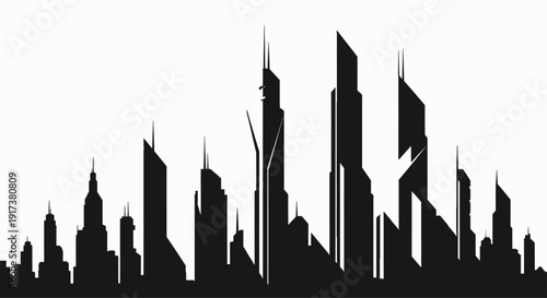 A minimalist silhouette of a cityscape – primarily skyscrapers and buildings, rendered in a dark, muted gray