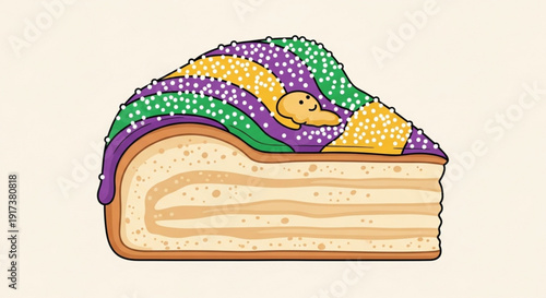 Mardi gras king cake slice with colorful sugar decorations and hidden plastic baby figurine on a cream background