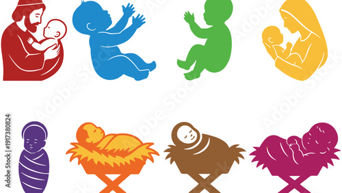 Joyful depictions of babies in colorful silhouettes, representing new life and innocence.