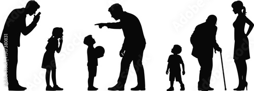 Set of family silhouettes showing social interactions including discipline parenting elderly care and various human connections