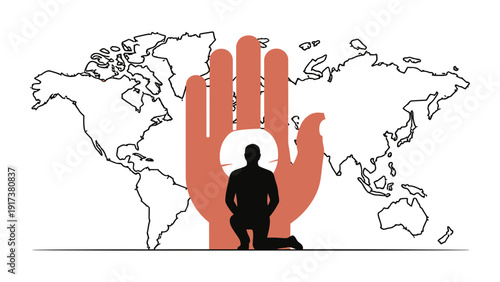 Silhouette of a person kneeling with a large hand protecting them against a world map backdrop, symbolizing hope and safety.