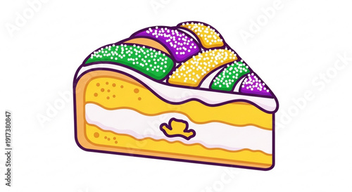 Colorful king cake slice with purple green and yellow sugar decorations and baby figurine inside isolated on white background