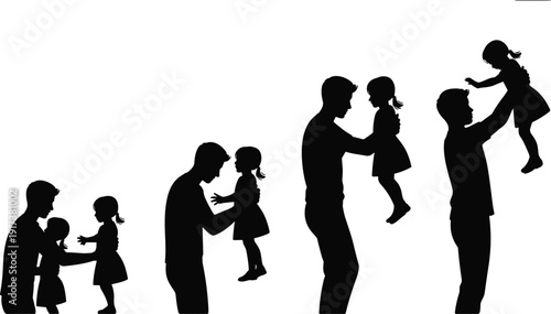 Set of father and daughter silhouettes showing various stages of playing lifting and bonding together,