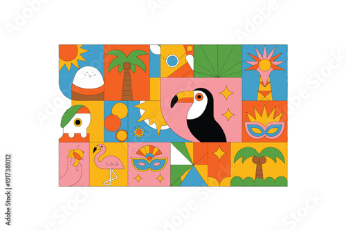 Vibrant mosaic of tropical elements and festive symbols creating a lively celebration.