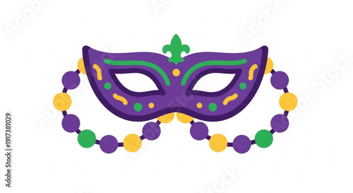 Vibrant mardi gras mask with purple green and gold beads on a white background symbolizing festive celebration and carnival atmosphere