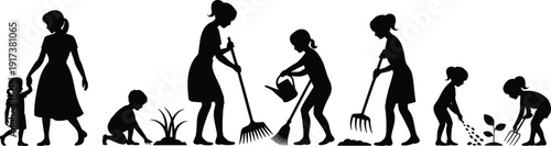 Set of family silhouettes gardening planting seeds watering plants and working together in the backyard garden