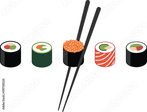Assorted Sushi Rolls with Chopsticks in the Center black green