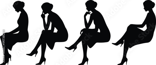 Set of four black silhouettes of elegant women sitting in various thinking and contemplative poses isolated