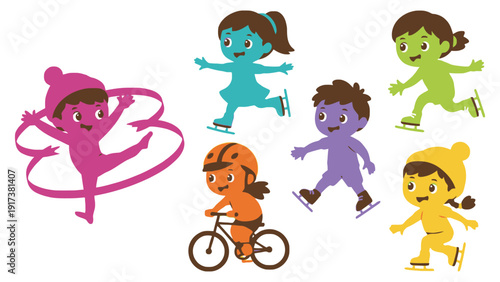 Joyful children embracing active winter and summer sports with smiles