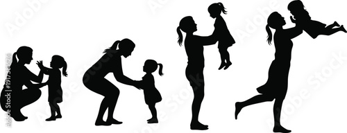 Set of mother and daughter silhouettes showing various stages of playing lifting and bonding together