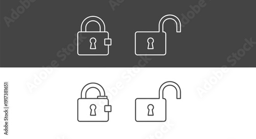 Line art icons depicting locked and unlocked padlocks shown on contrasting backgrounds