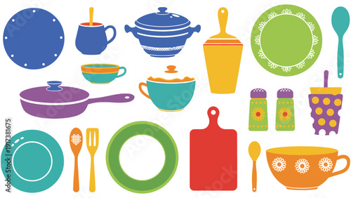 Vibrant collection of colorful kitchenware and cooking utensils arranged on a white background.
