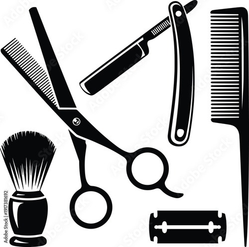 PrintSilhouette barber tools collection, scissors razor comb brush blade illustration, grooming equipment icon design, hairstyling concept art