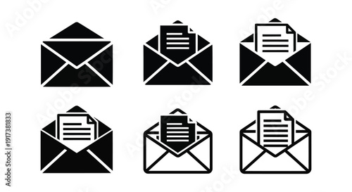 Collection of six different black and white envelope icons showing mail and document icons clearly