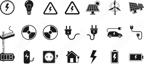 Electricity and Energy Icons Collection Featuring Solar, Wind, Nuclear, Batteries, Plugs, Lightning Symbols, Power Sources, and Charging Graphics
