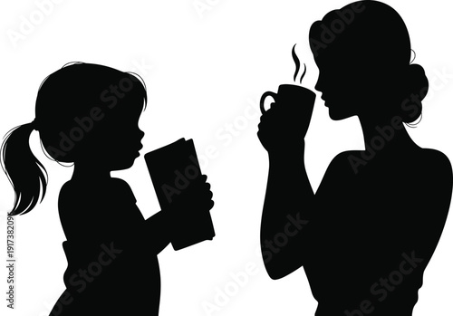 Silhouette of mother drinking coffee while daughter holds book for morning reading and education, isolated