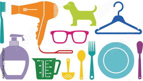 Colorful household and grooming icons illustration with various objects